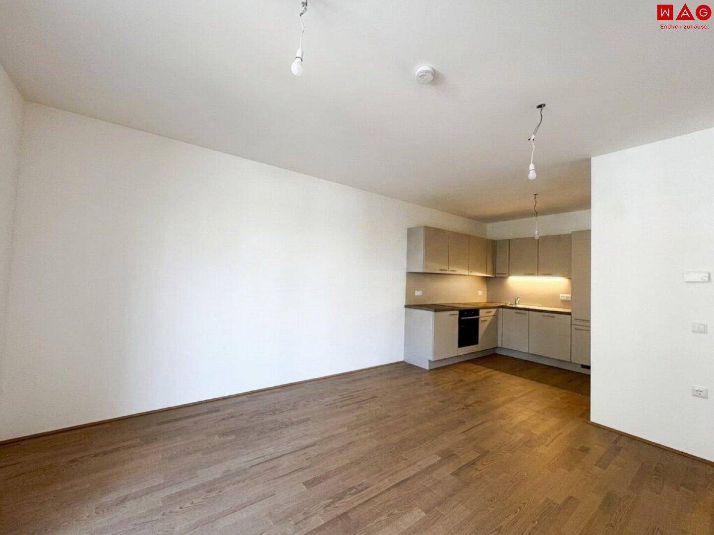 Offener Wohnbereich mit Holzboden und integrierter Küche im Hintergrund, ideal für modernes Wohnen.
