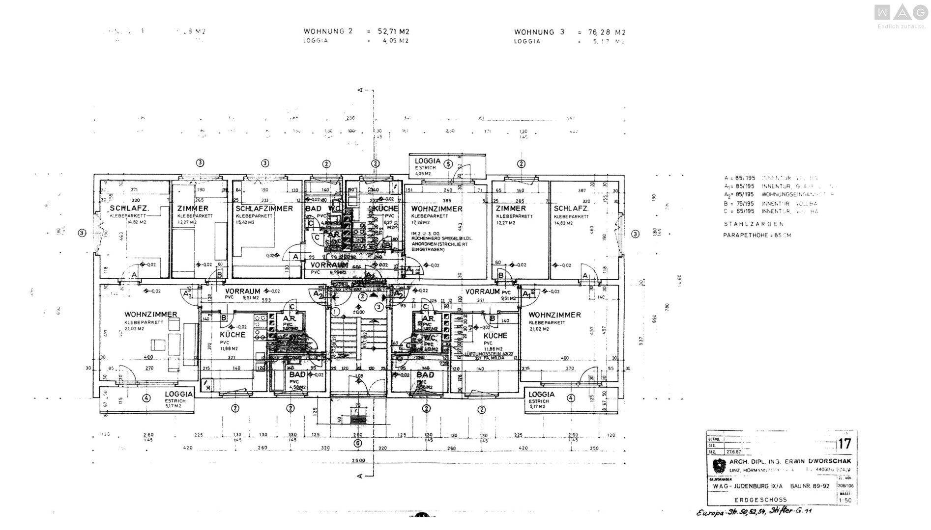 Detaillierter Grundrissplan mit Aufteilung mehrerer Wohnungen, inklusive Zimmern, Küche, Bad und Loggia.