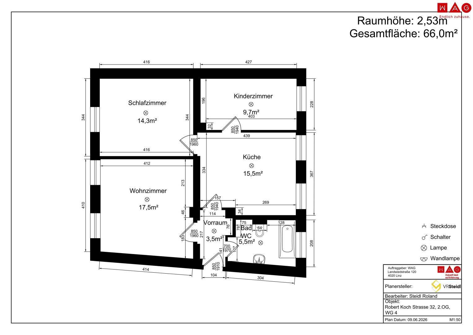 Grundriss einer Wohnung mit drei Zimmern, Küche, Bad und separatem WC auf 66,0 m².
