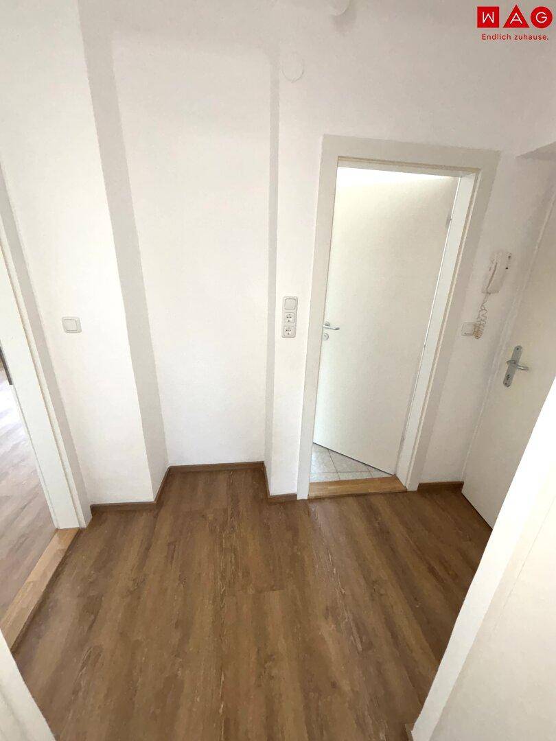 Heller Eingangsbereich mit Laminatboden und weißen Wänden, der den Zugang zu verschiedenen Zimmern ermöglicht.