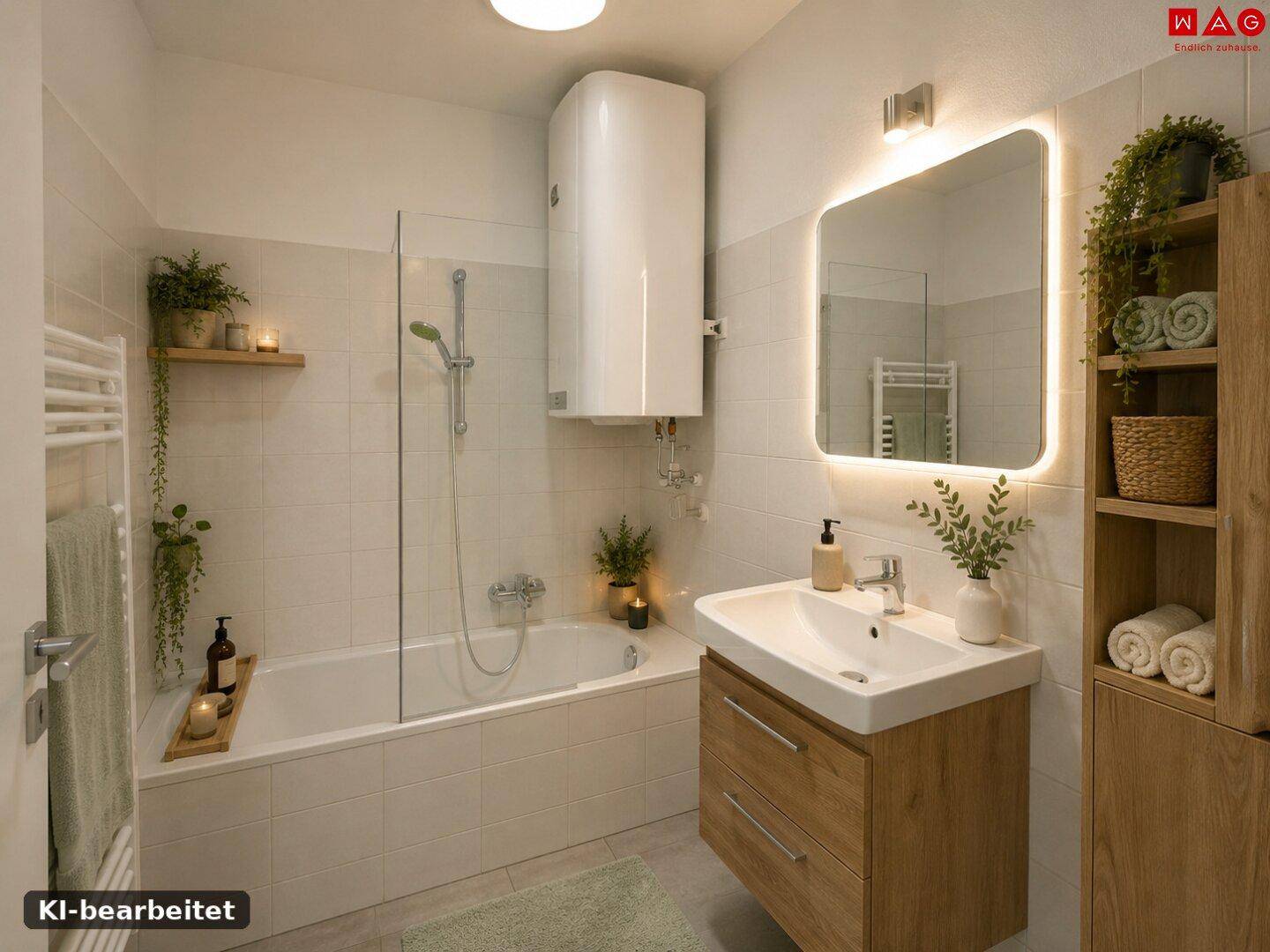 Modernisiertes Badezimmer mit Badewanne, stilvollem Waschtisch und beleuchtetem Spiegel.