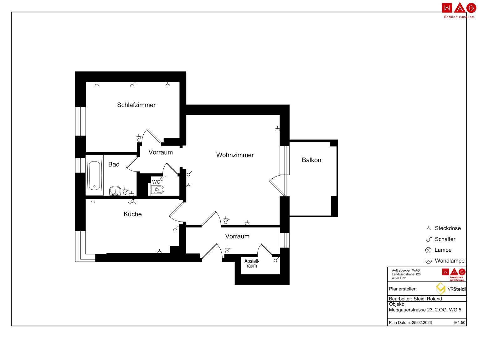 Vereinfachter Grundriss der Wohnung mit klarer Raumaufteilung und Balkon, für schnelle Orientierung.