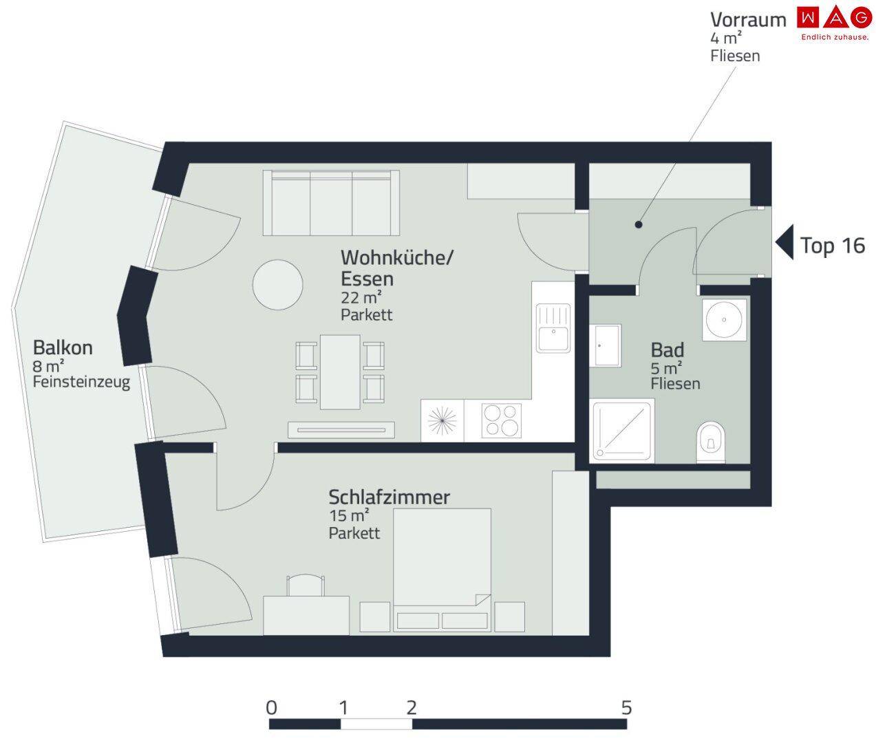 Detaillierter Grundriss einer modernen Zweizimmerwohnung mit Balkon und offener Wohnküche.