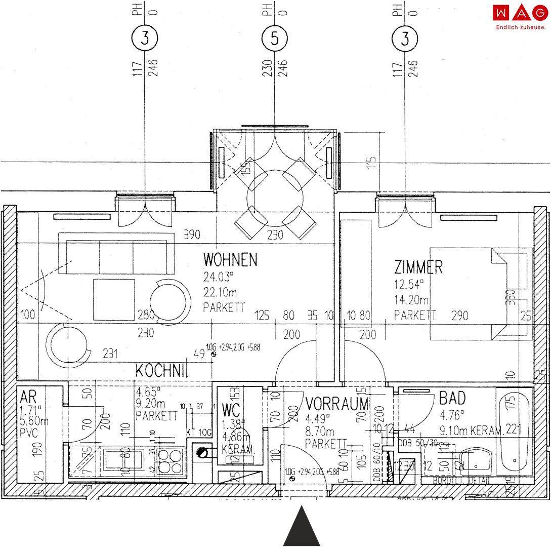 Detaillierter Grundriss einer Wohnung mit Wohnzimmer, Schlafzimmer, Kochnische und Bad.
