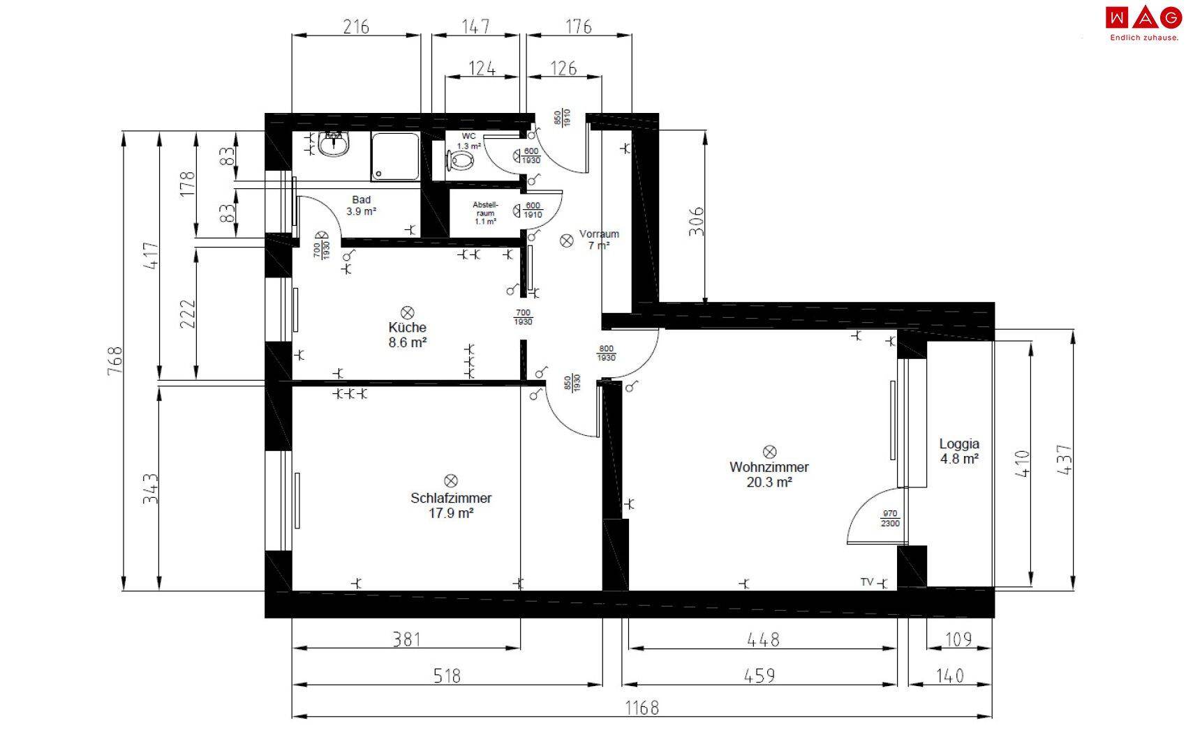 Grundriss einer Wohnung mit Schlafzimmer, Wohnzimmer, Küche und Loggia.