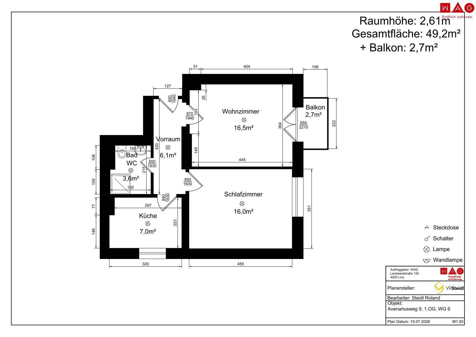 Grundriss einer Wohnung mit Wohnzimmer, Schlafzimmer, Küche, Bad und Balkon, Gesamtfläche 49,2m².