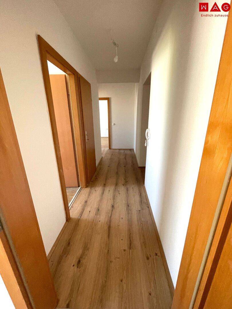 Leerer Flur mit Laminatboden und Holztüren, der zu weiteren Räumen führt.