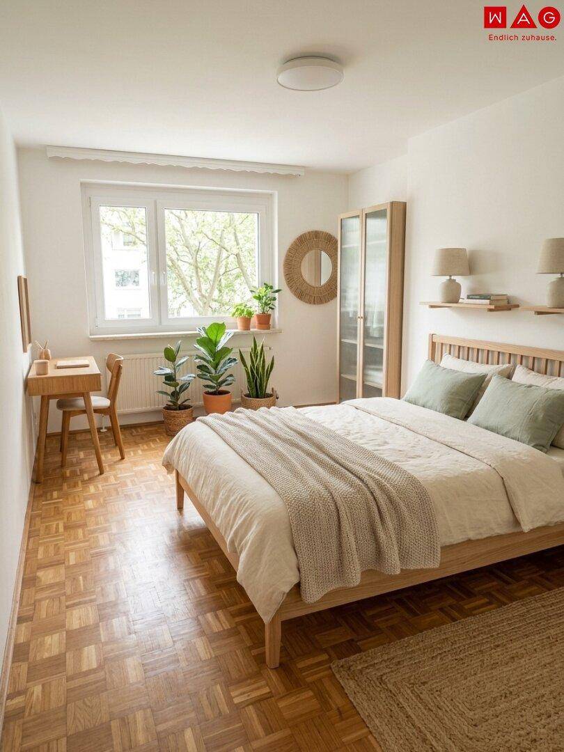 Gemütliches Schlafzimmer mit Holzbett, Parkettboden und Pflanzen am Fenster mit Blick ins Grüne.