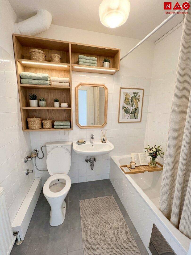 Modernes Badezimmer mit Badewanne, WC, Waschbecken und Holzregalen für Handtücher.
