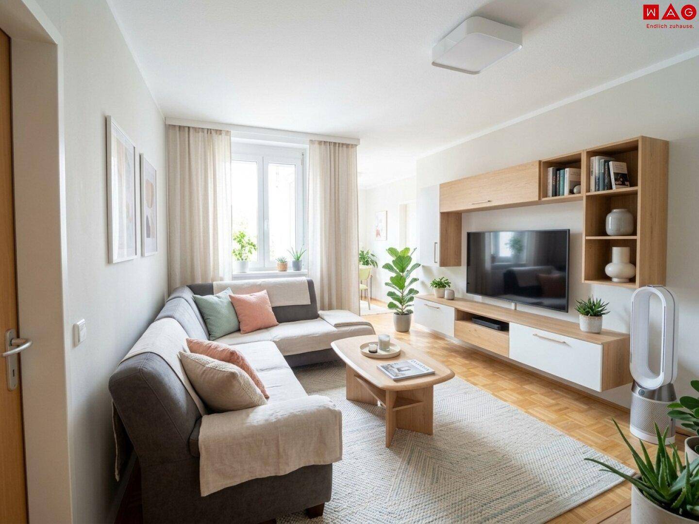 Gemütliches Wohnzimmer mit großem Ecksofa, Holzboden und modernem TV-Möbel, hell und einladend.