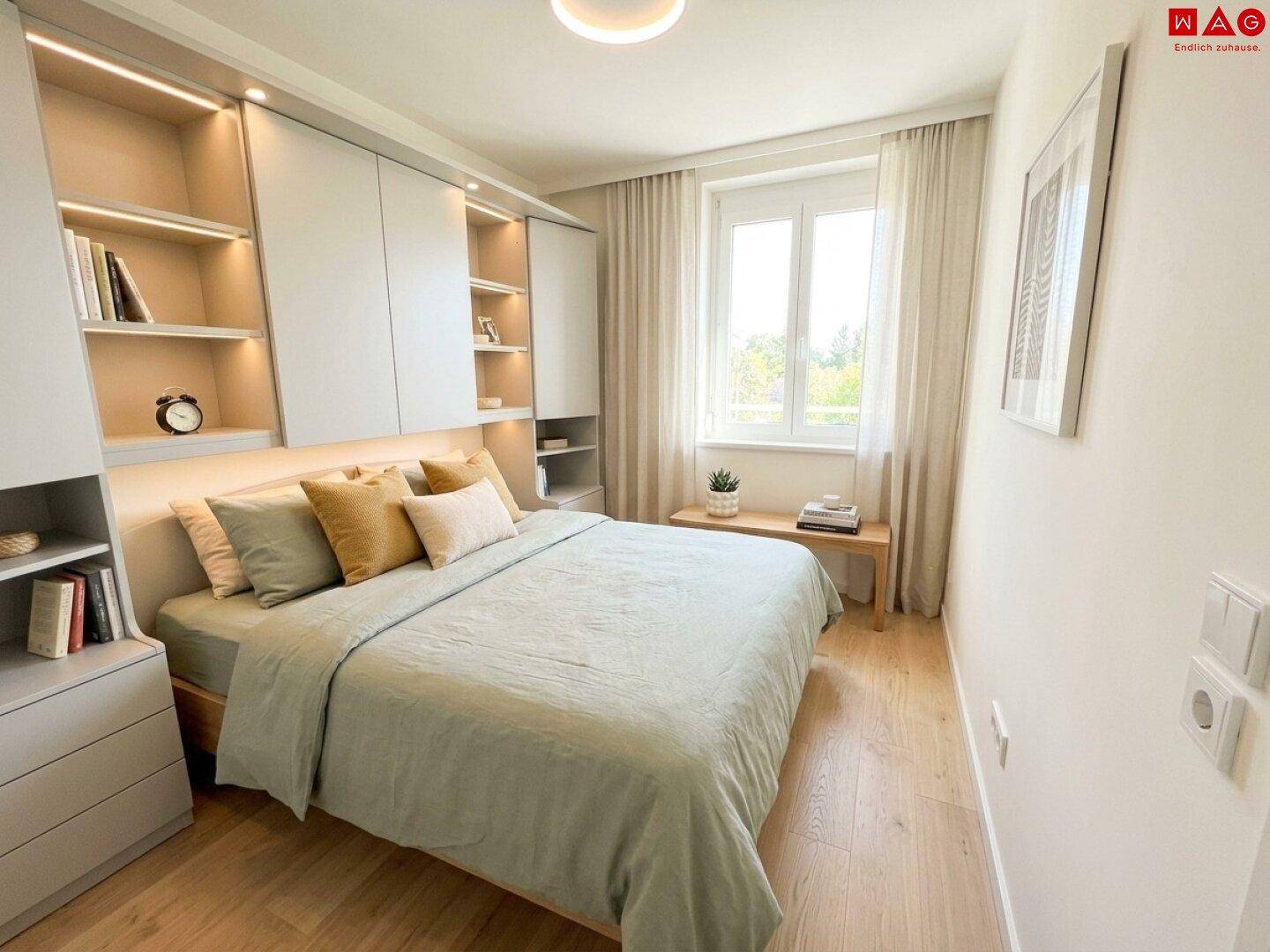 Helles Schlafzimmer mit integrierten Schränken und Regalen um das Bett, mit Holzboden und Fenster.