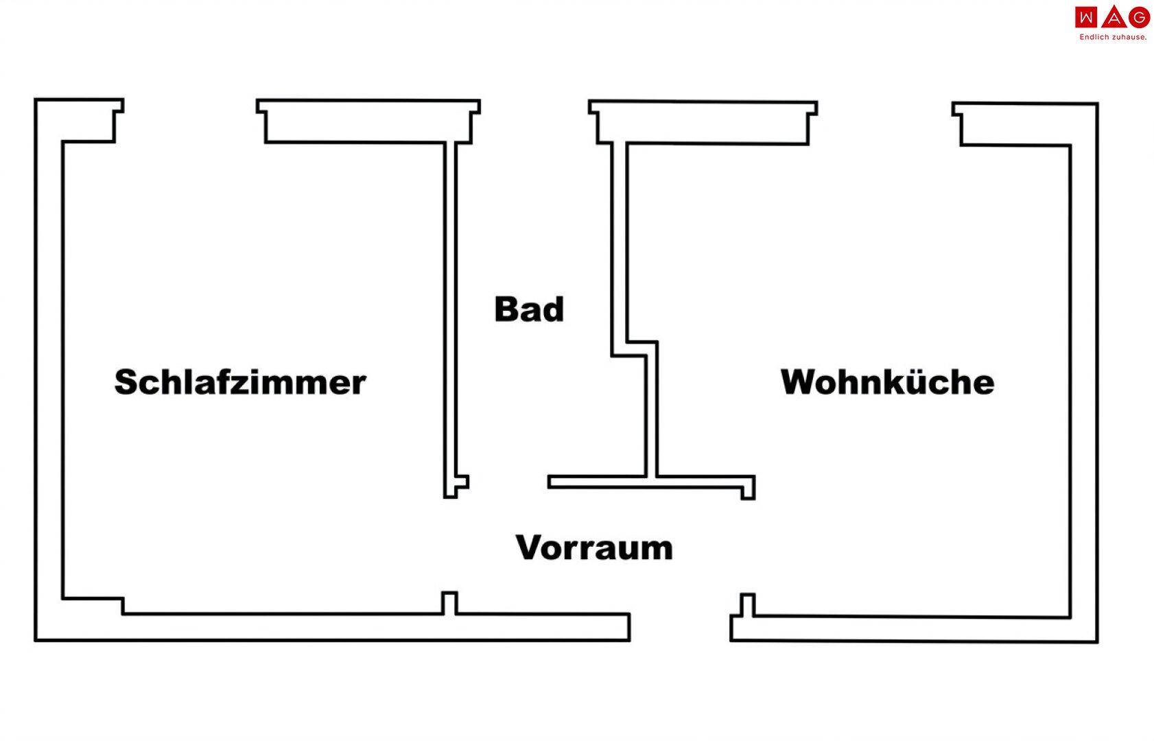 Übersichtlicher Grundriss mit Schlafzimmer, Bad, Vorraum und einer offenen Wohnküche.