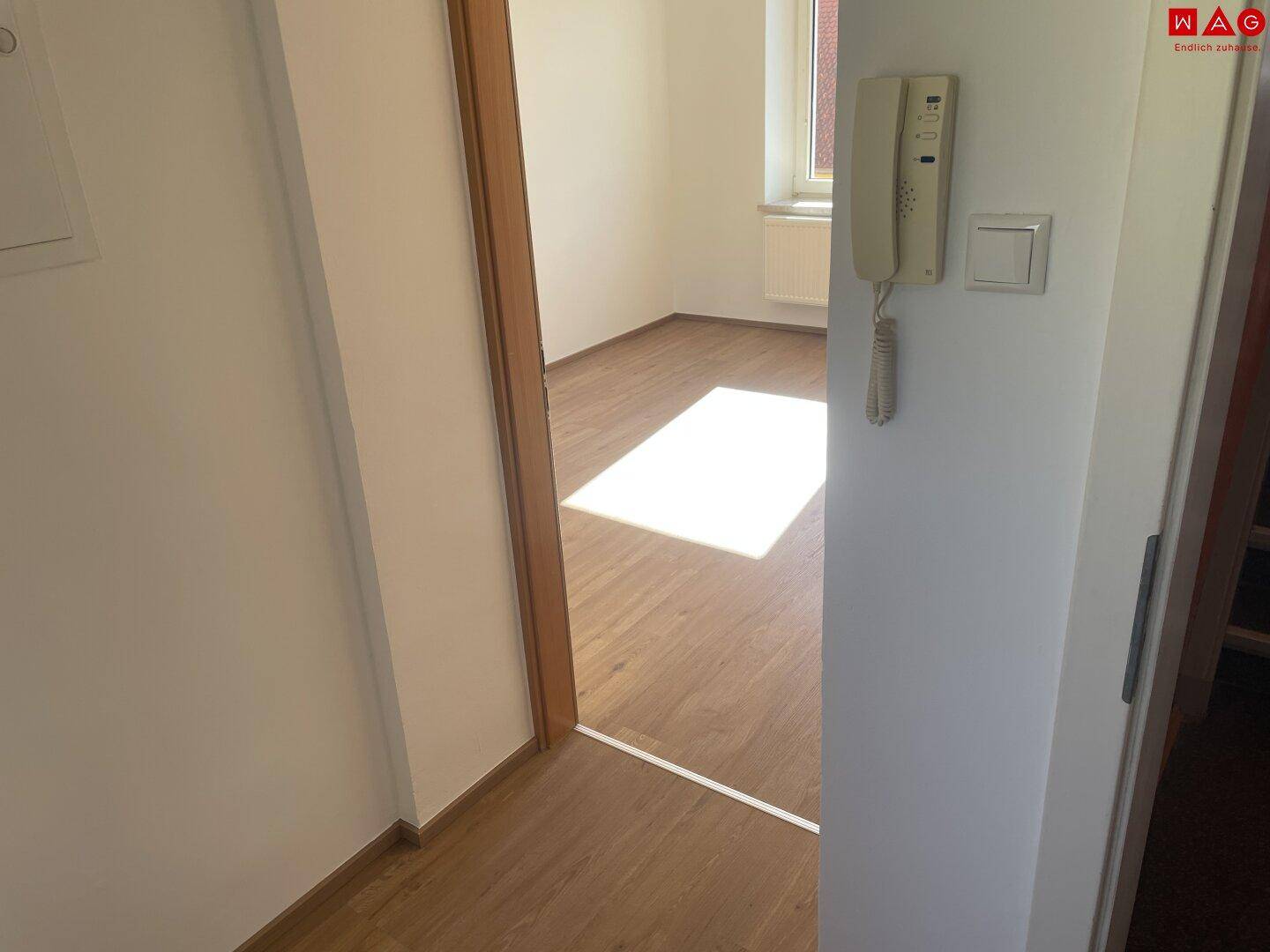 Eingangsbereich mit Gegensprechanlage und Blick in ein helles Zimmer mit Laminatboden.