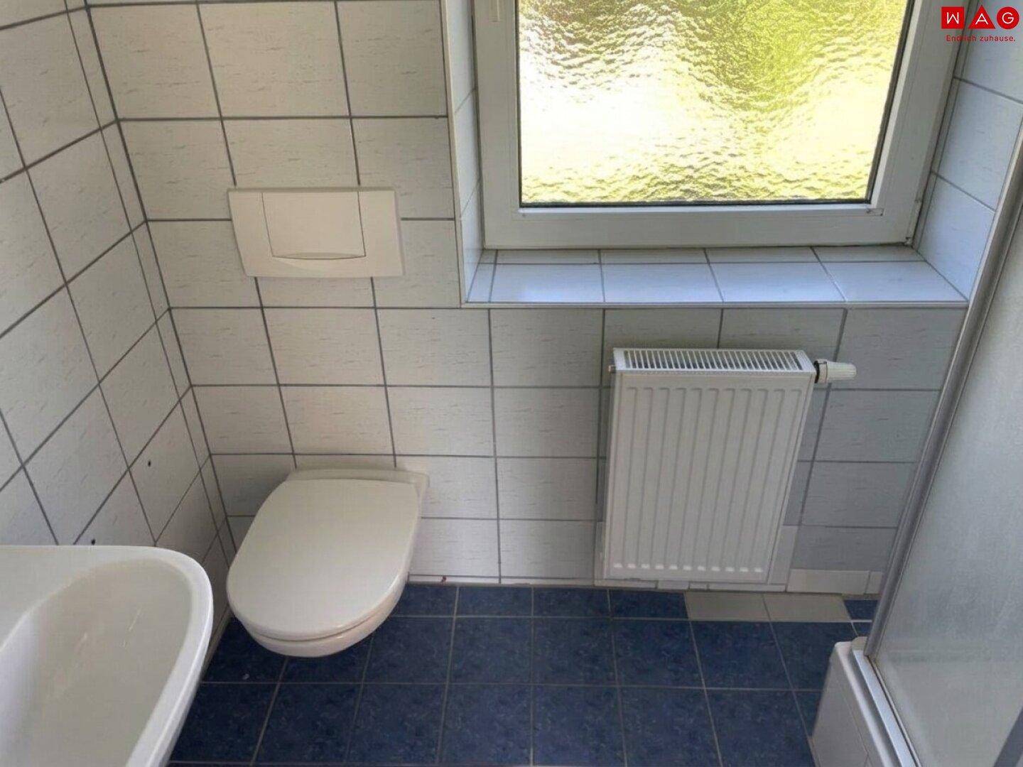Badezimmer mit blauen und weißen Fliesen, Toilette, Badewanne und Fenster.
