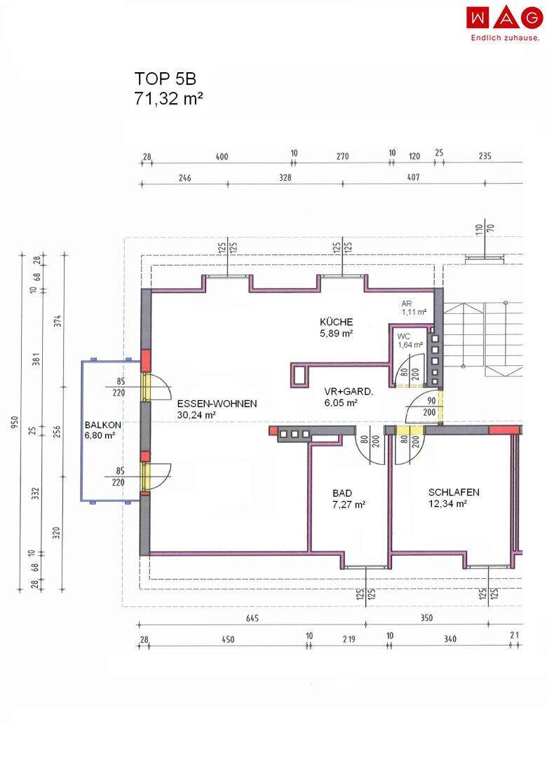 Grundriss einer Wohnung mit offenem Wohn-Essbereich, separater Küche, Schlafzimmer, Bad, WC und Balkon.