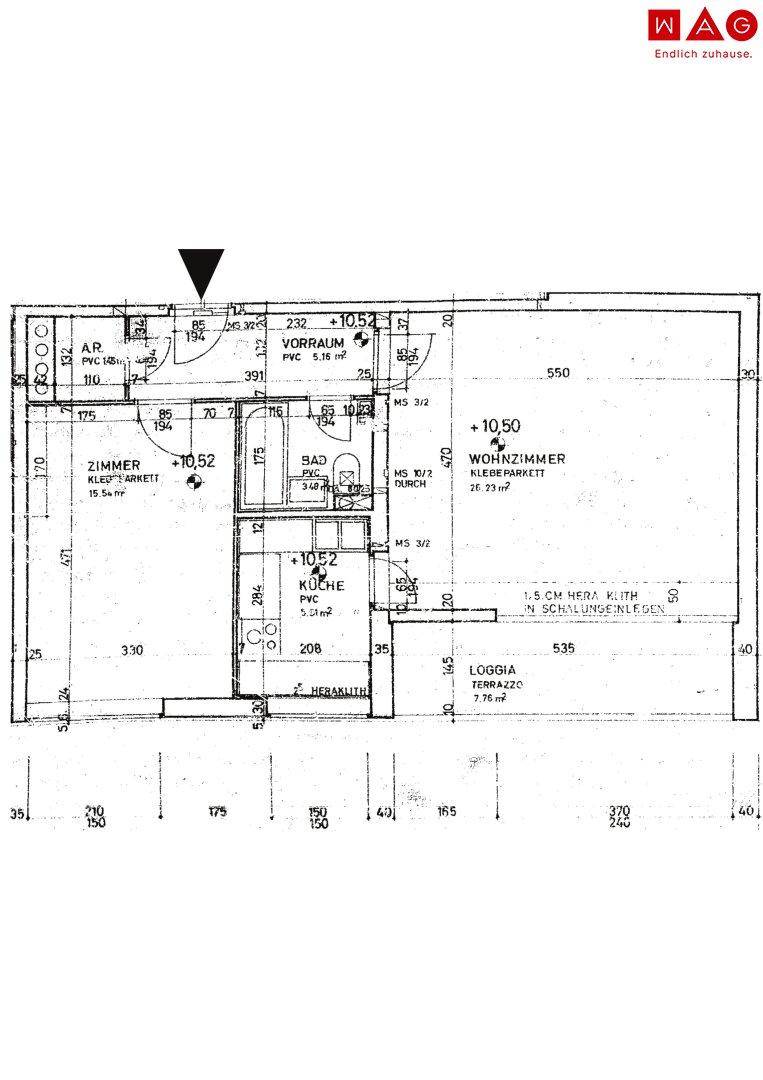 Grundriss der Wohnung mit Wohnzimmer, Küche, Bad und Loggia.