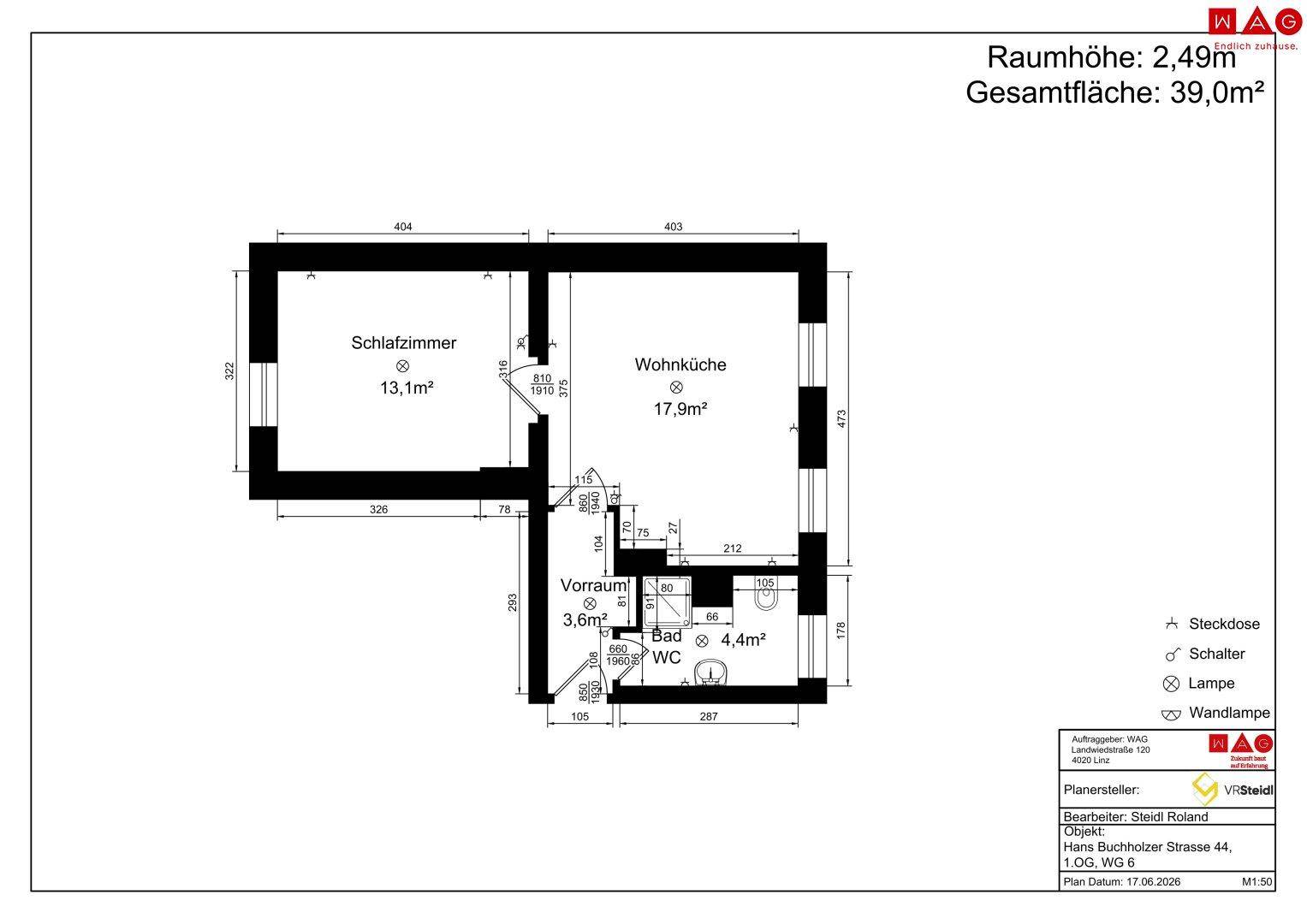 Grundriss einer Wohnung mit Schlafzimmer, Wohnküche, Bad und separatem WC.