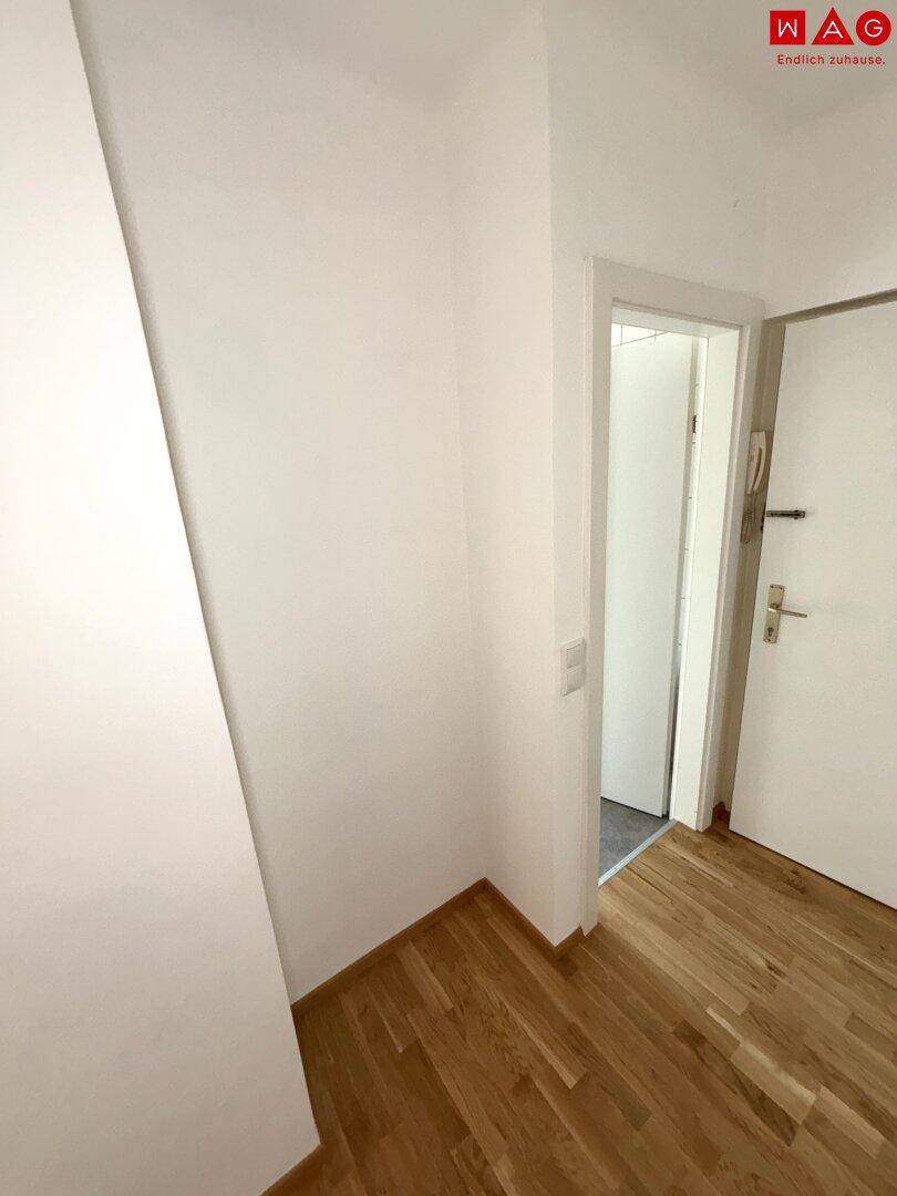 Heller Flurbereich mit Parkettboden und Zugang zu einem Badezimmer.