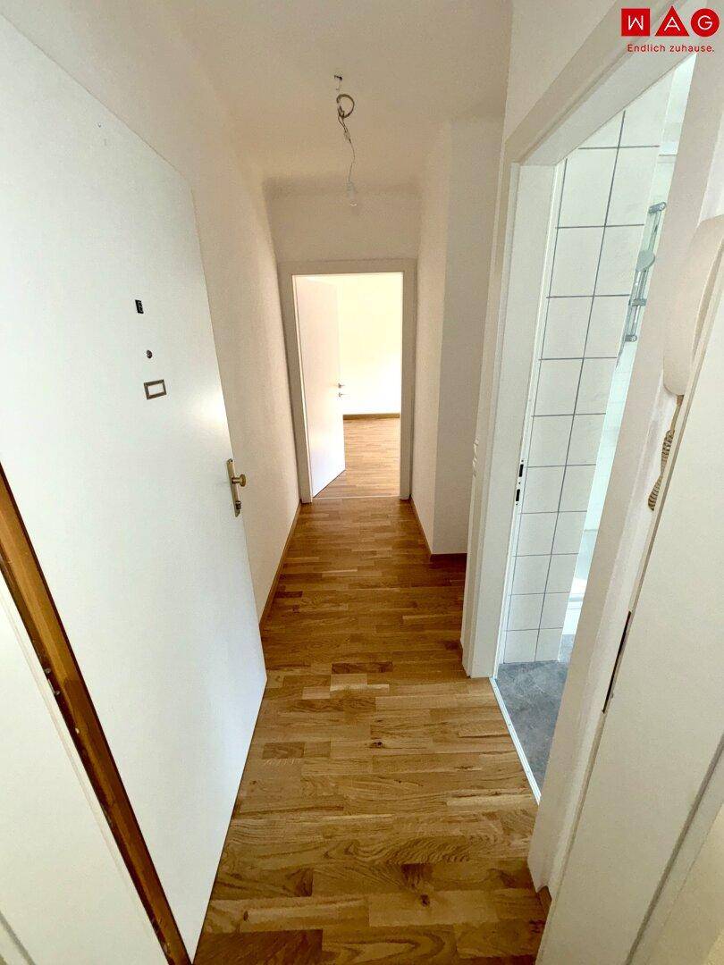 Geräumiger Flur mit Parkettboden, der mehrere Türen zu verschiedenen Zimmern verbindet.