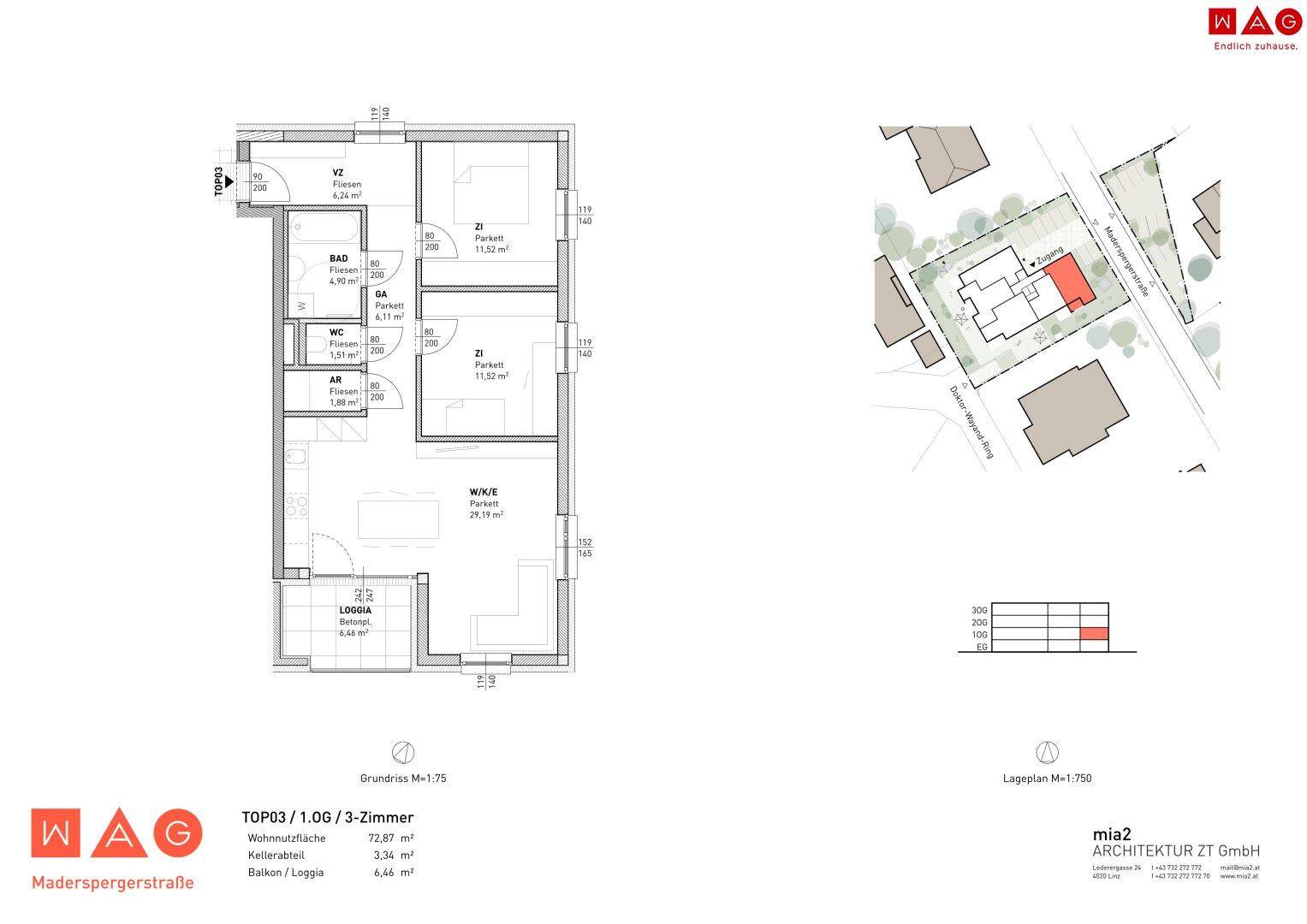 Grundriss einer 3-Zimmer-Wohnung mit Loggia und Lageplan des Gebäudes.