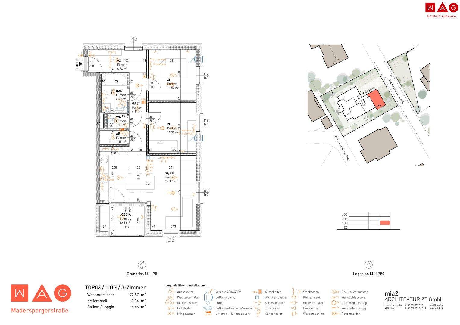 Detaillierter Grundriss einer 3-Zimmer-Wohnung mit Loggia und Legende.