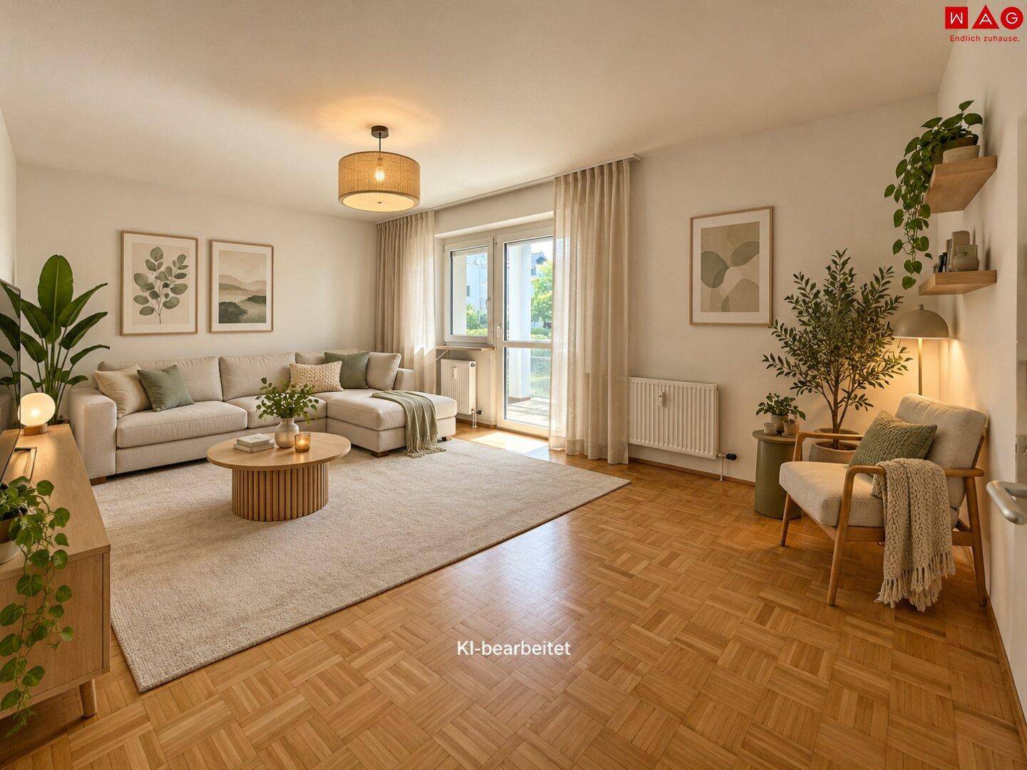 Gemütliches Wohnzimmer mit Parkettboden, modernen Möbeln und Zugang zum Balkon.