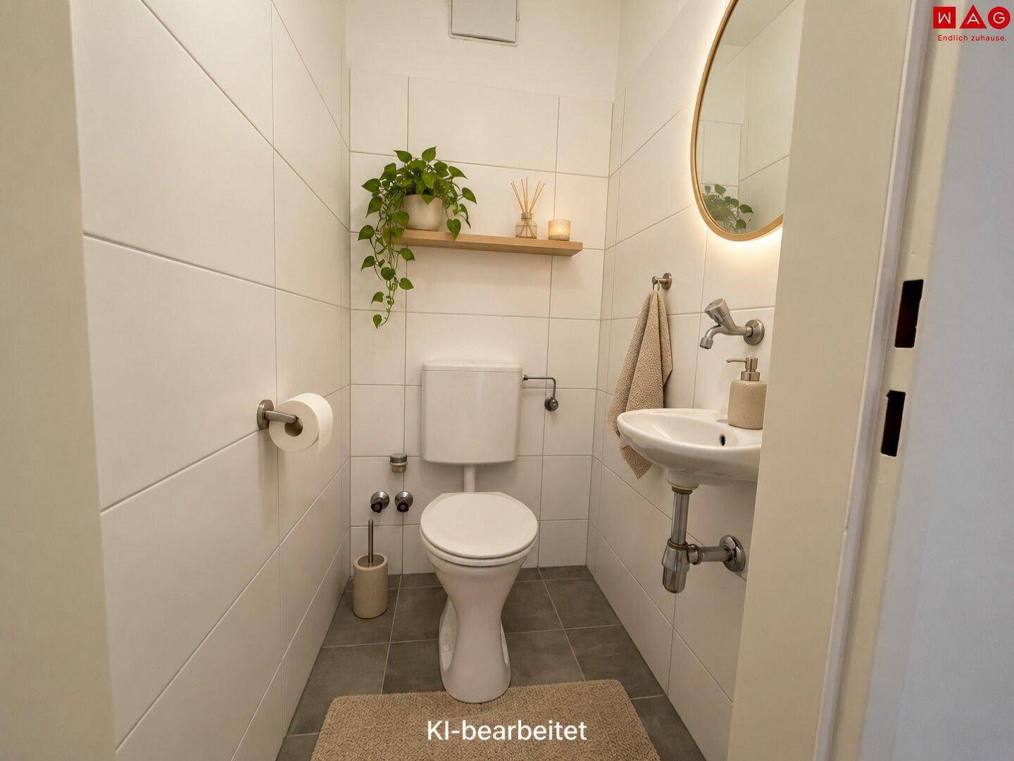 Modernes Gäste-WC mit Einzelwaschbecken und Wandspiegel.