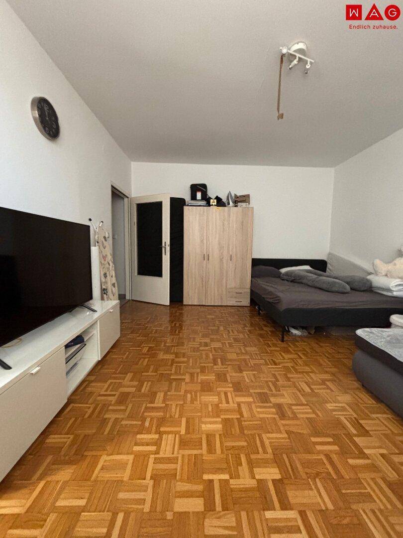 Heller Wohnbereich mit Parkettboden, Schlafsofa und Kleiderschrank, der zusätzlichen Stauraum bietet.
