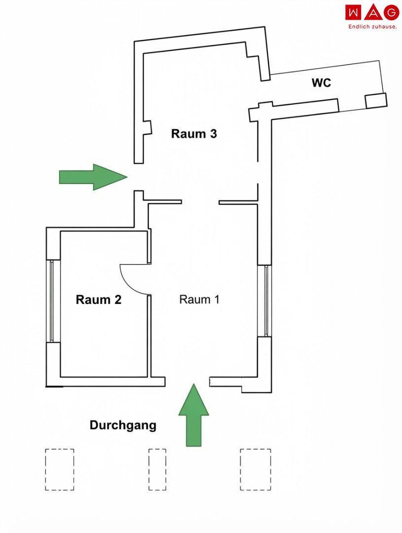 Grundrissplan zeigt drei Räume und einen Durchgang mit separatem WC-Bereich und großen Fenstern.