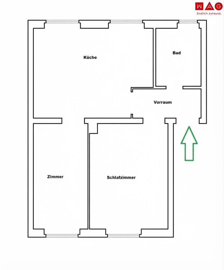 Grundriss einer Wohnung mit Küche, Bad, Vorraum, Zimmer und Schlafzimmer.