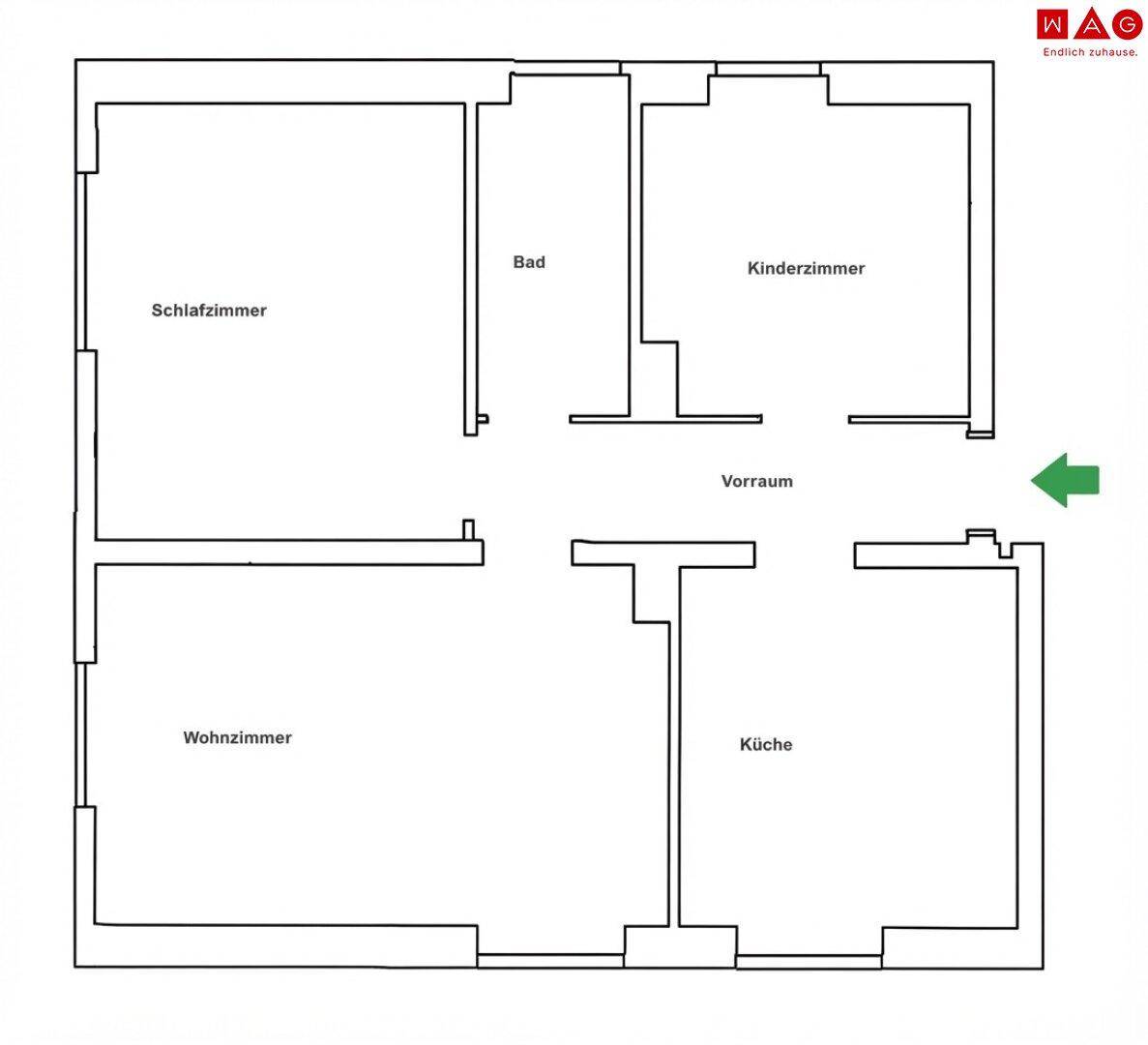 Übersichtlicher Grundriss der Wohnung mit Schlafzimmer, Kinderzimmer, Bad, Wohnzimmer und Küche.