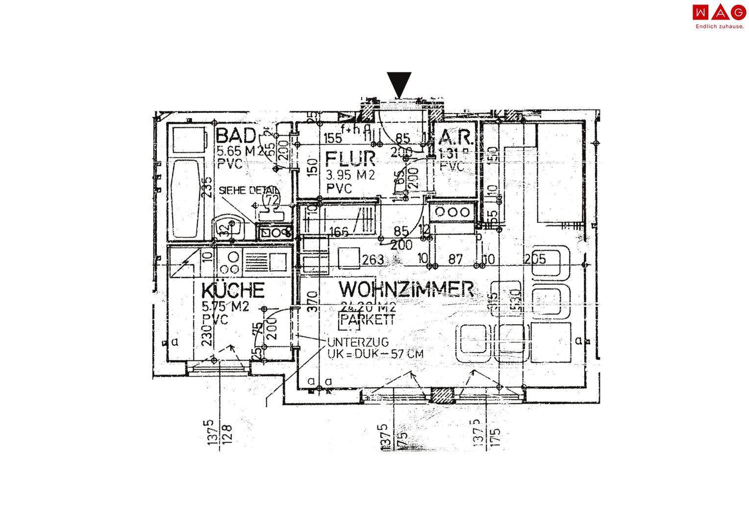 Grundrissplan einer Wohnung mit Küche, Wohnzimmer, Bad und Schlafzimmer, inklusive Flächenangaben.
