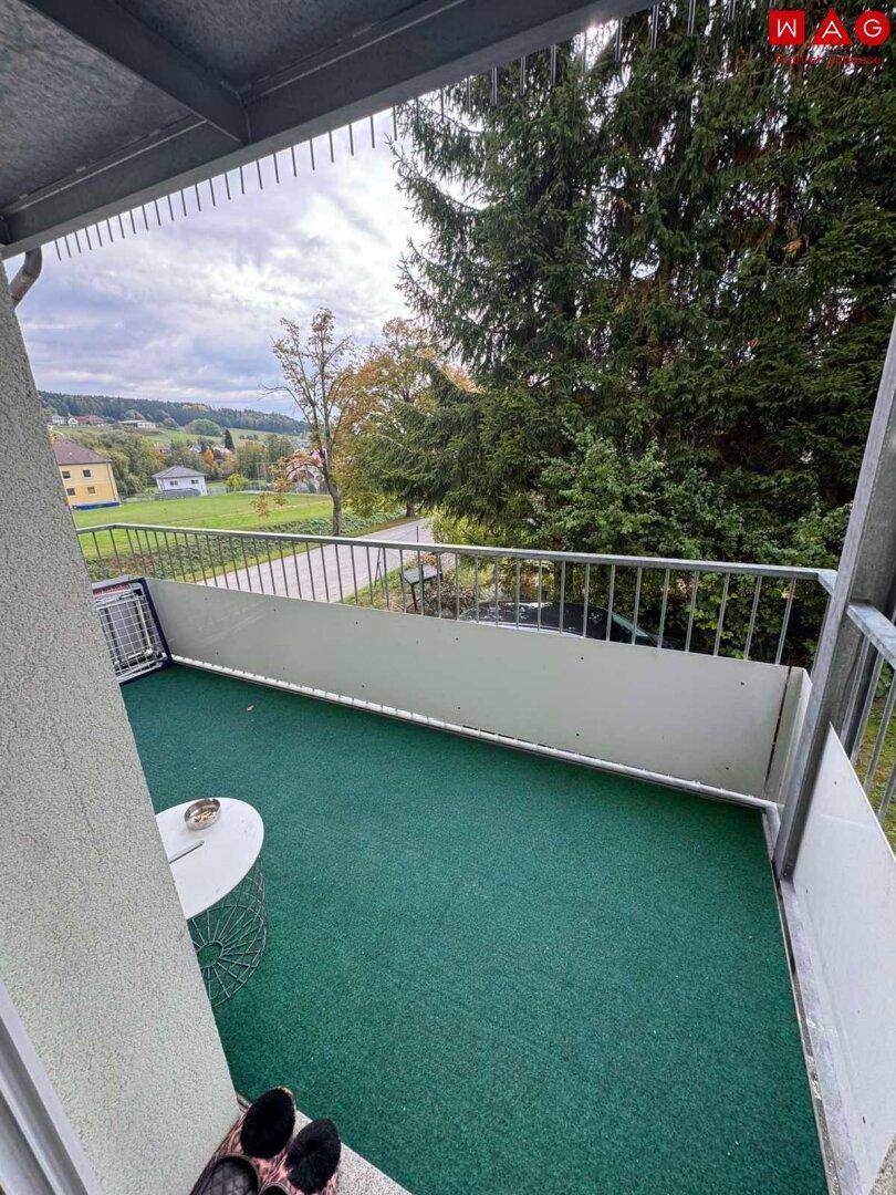 Balkon mit grüner Auslegware und weitem Blick auf die umliegende Landschaft und Bäume.
