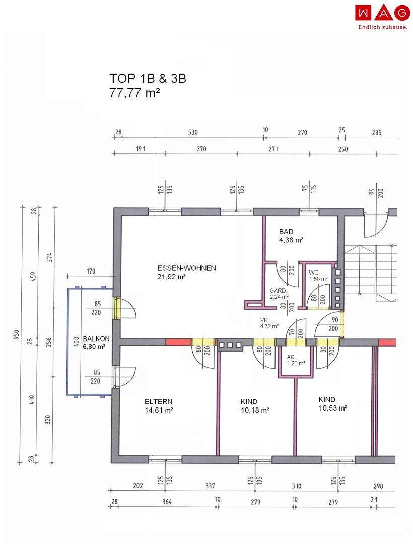 Grundriss der Wohnung TOP 1B & 3B mit 77,77 m² Wohnfläche, inklusive Balkon und drei Zimmern.