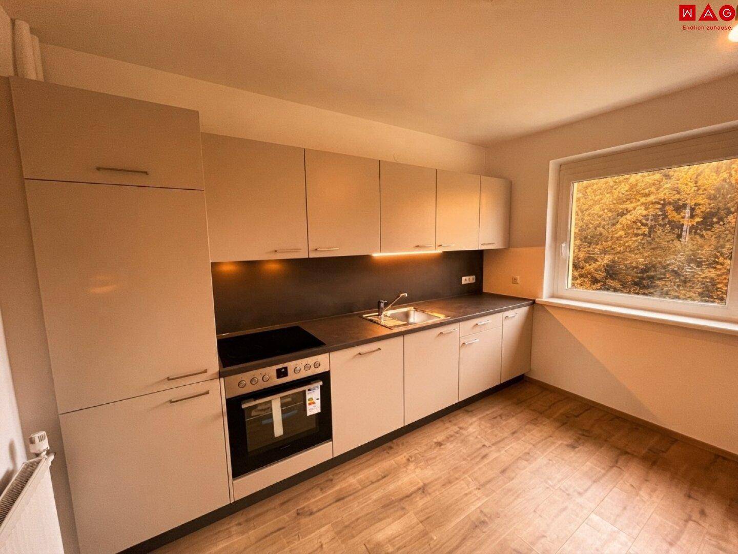 Moderne Einbauküche mit hellgrauen Schränken, dunkler Arbeitsplatte und Fenster mit Blick ins Grüne.