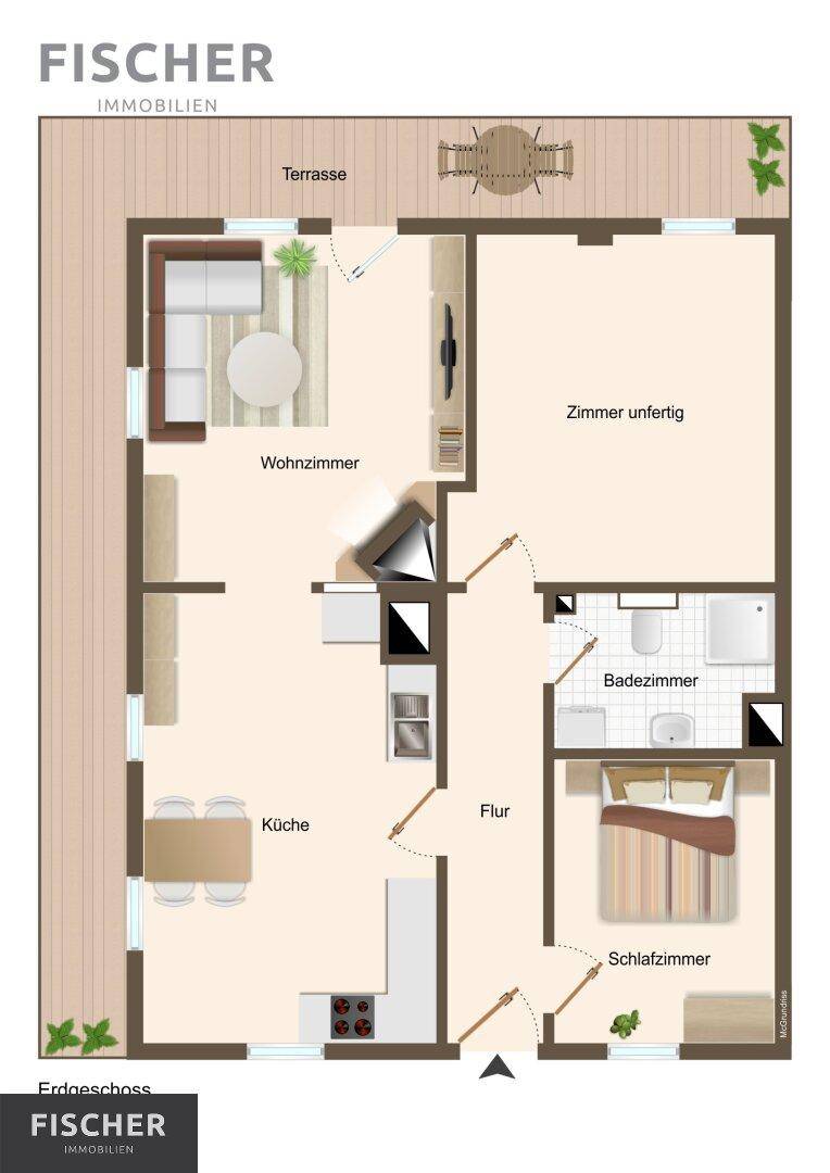 Grundriss des Erdgeschosses mit Wohnzimmer, Küche, Schlafzimmer, Badezimmer und großer Terrasse.