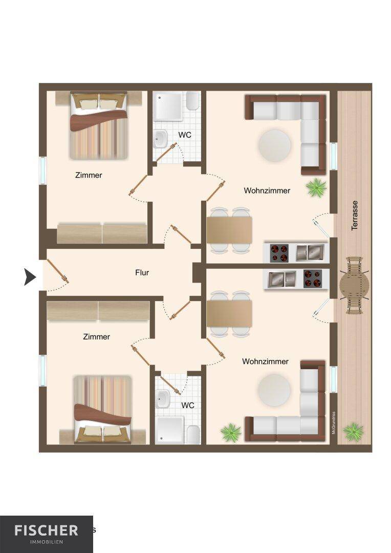 Grundriss der oberen Etage mit zwei Schlafzimmern, zwei Wohnzimmern, zwei WCs und einer Terrasse.