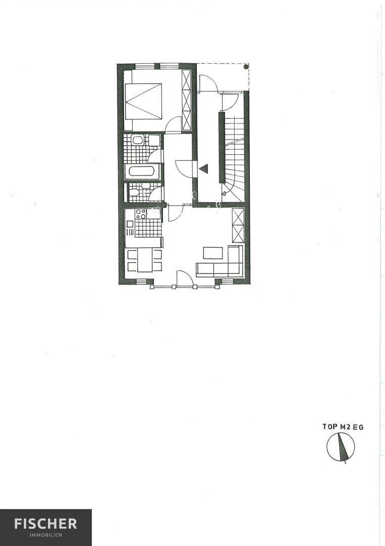 Grundriss des Erdgeschosses mit offenem Wohnbereich, Küche, Schlafzimmer und Bad.