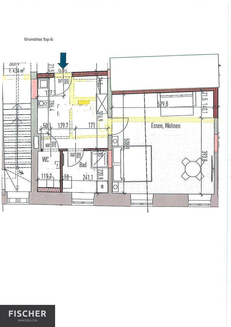 Grundriss Top 6 zeigt die Aufteilung der Wohnung mit Wohn-Essbereich und Bad.