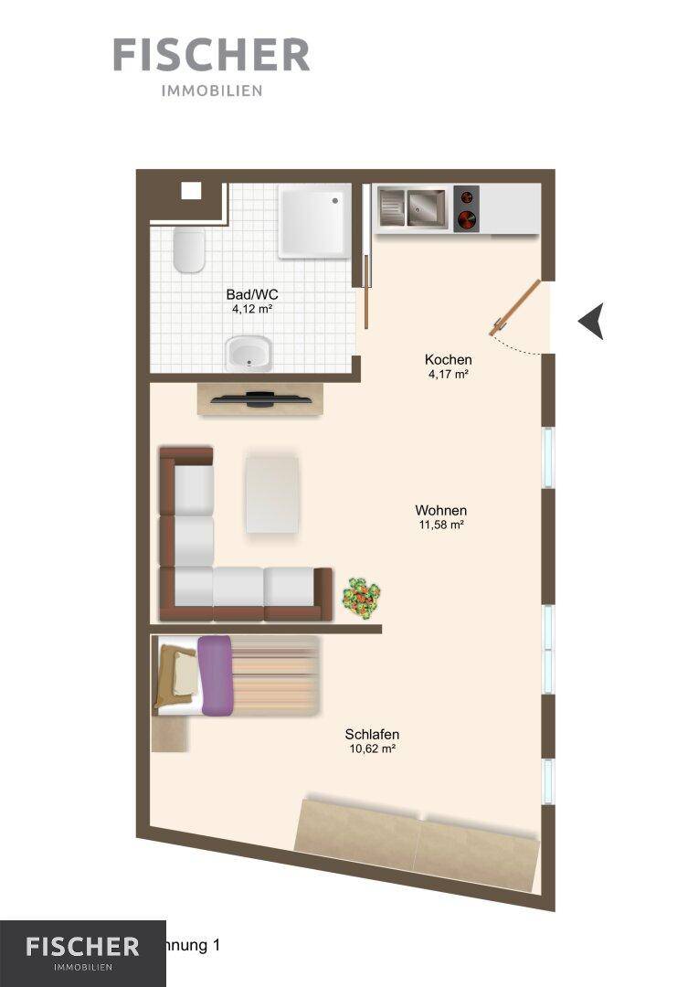Grundriss einer Wohnung mit separatem Schlafzimmer, Wohnbereich, Küche und Bad.