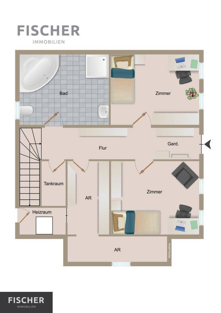 Grundriss des Obergeschosses mit zwei Schlafzimmern und einem Badezimmer.