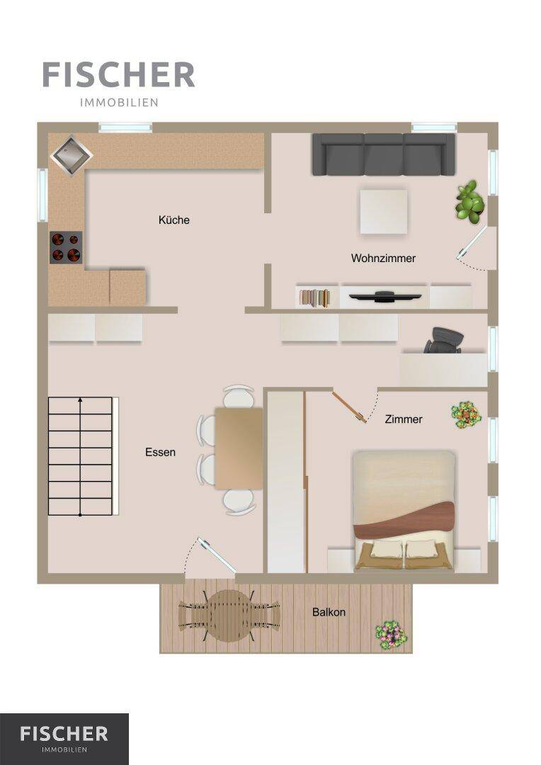 Grundriss des Erdgeschosses mit Küche, Wohnzimmer, Essbereich und Balkon.
