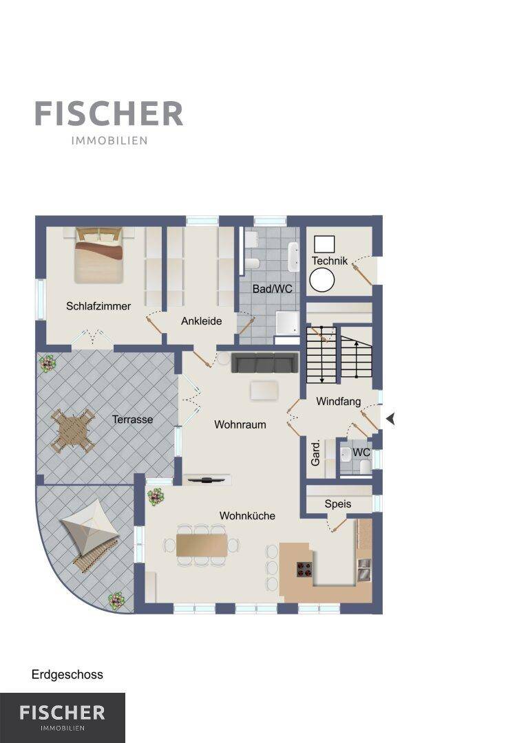 Grundriss des Erdgeschosses mit Wohnküche, Schlafzimmer und Terrasse.
