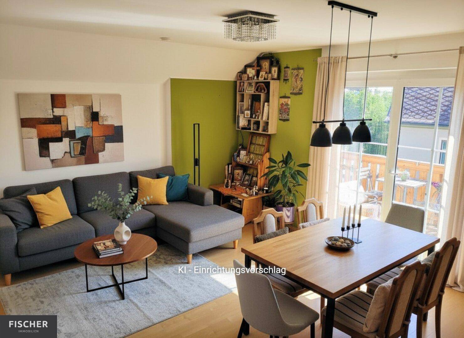 Modern inszenierter Wohn-Essbereich mit großem Sofa, Esstisch und Zugang zum Außenbereich.