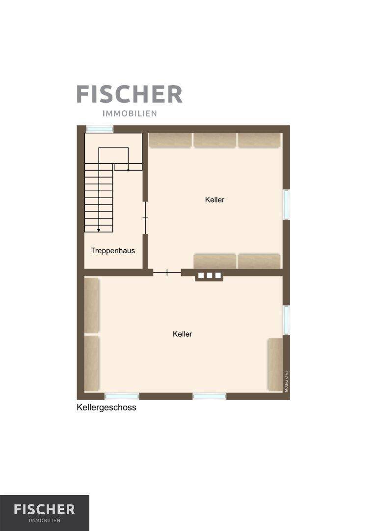 Grundriss des Kellergeschosses mit Treppenhaus und zwei Kellerräumen.