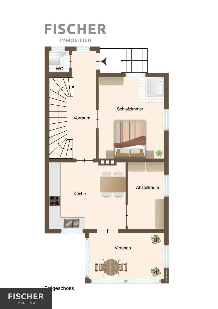 Grundriss des Erdgeschosses mit Küche, Schlafzimmer, WC und Veranda.