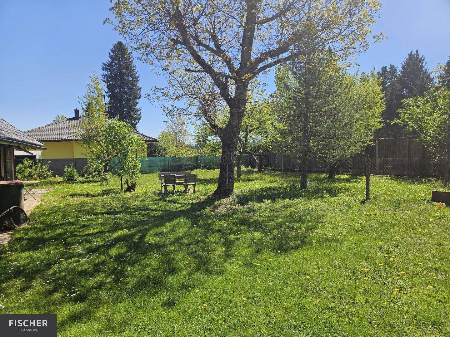 Ruhiger Gartenbereich mit Sitzbank unter Bäumen, ideal zum Entspannen im Grünen.