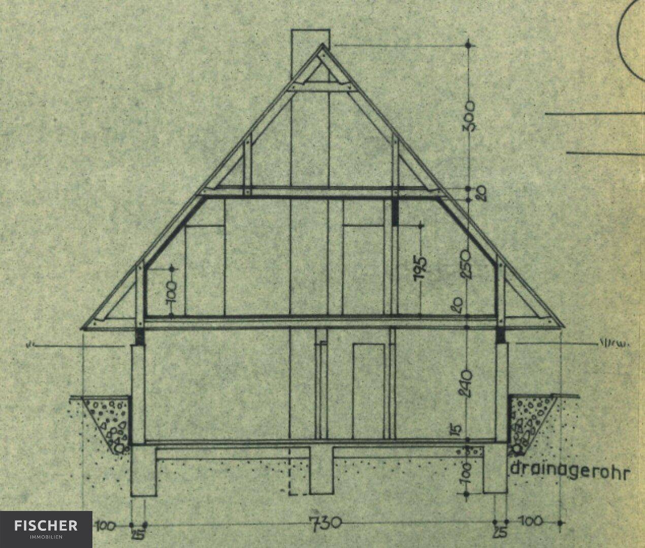 Architektonischer Querschnitt eines Hauses mit Satteldachkonstruktion und Fundamentdetails.