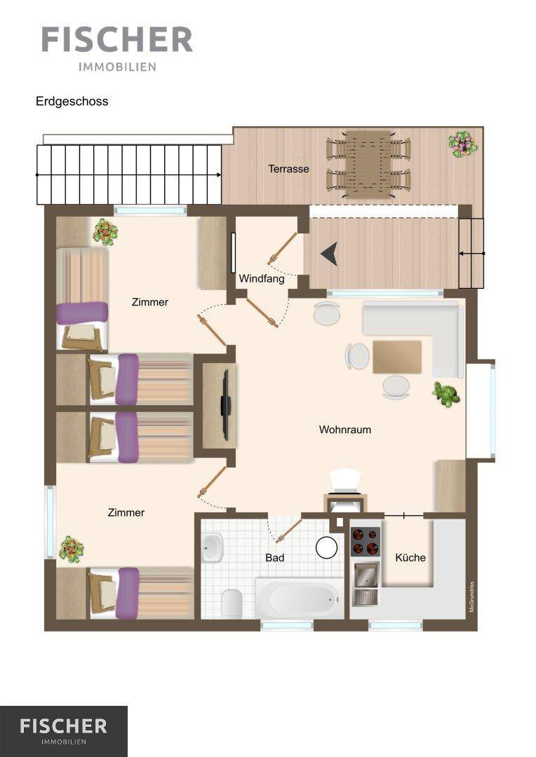 Grundriss des Erdgeschosses mit Wohnraum, Küche, Bad, drei Zimmern und Terrasse.