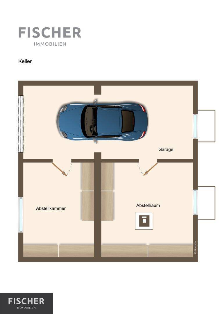 Grundriss des Kellers mit Garage, Abstellkammern und direktem Zugang.